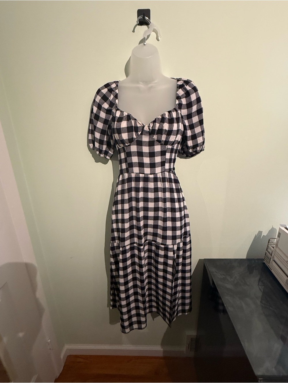 Black and White Gingham Puff-Sleeve Midi Dress size XS H&M
